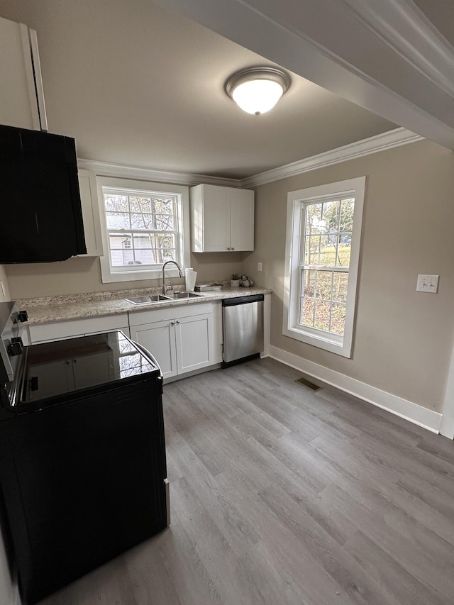 kitchen featuring white cabinetry, dishwasher, sink, light wood-type flooring, and ornamental molding