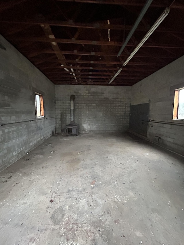 basement with a wood stove