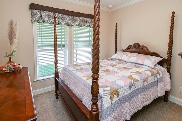 bedroom with carpet flooring and ornamental molding