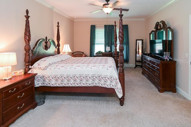 bedroom with light carpet, ceiling fan, and ornamental molding