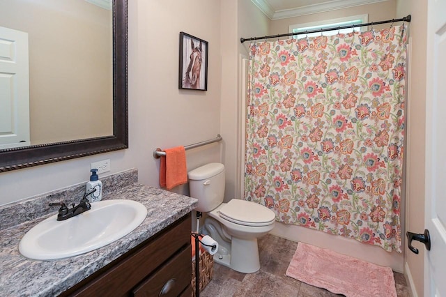 bathroom with vanity, toilet, walk in shower, and crown molding