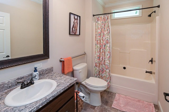 full bathroom with vanity, shower / bath combination with curtain, toilet, and crown molding