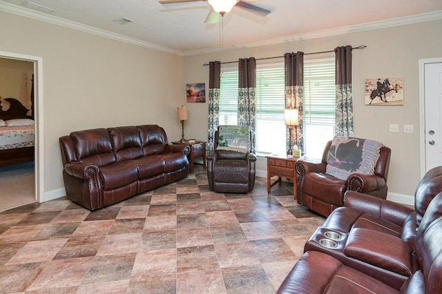 living room with ceiling fan and ornamental molding