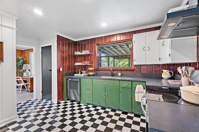 kitchen with wooden walls, extractor fan, ornamental molding, and sink