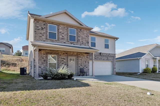 front of property with a garage, central air condition unit, and a front yard