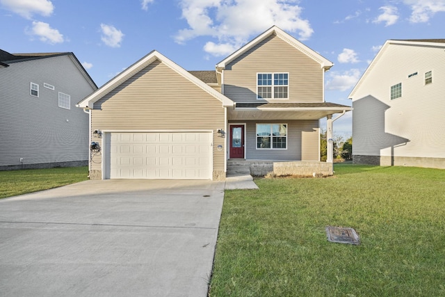 view of front of house featuring a front lawn and a garage