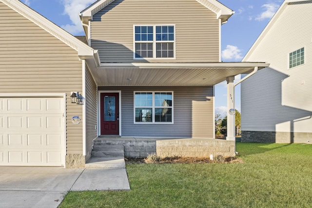 front facade featuring a porch, a garage, and a front lawn