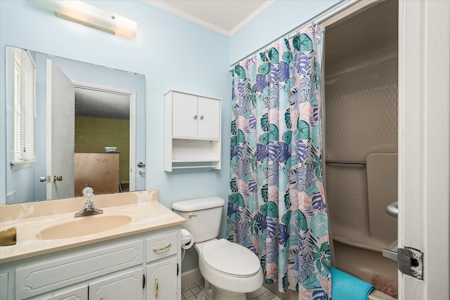 bathroom featuring vanity, tile patterned flooring, toilet, ornamental molding, and a textured ceiling