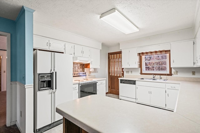 kitchen featuring a textured ceiling, white appliances, crown molding, sink, and white cabinetry