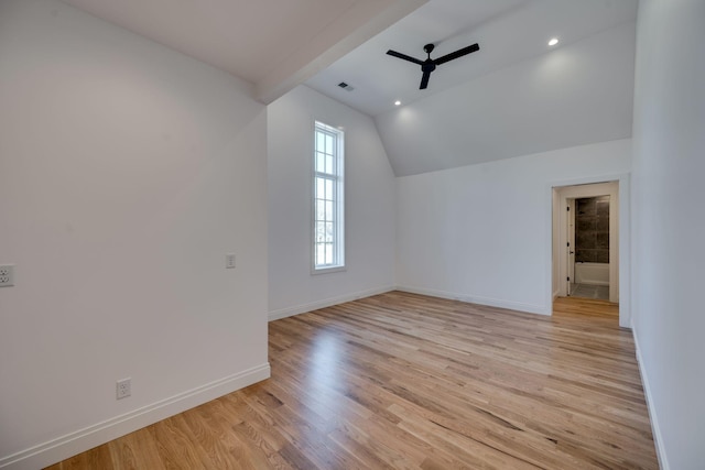 bonus room featuring ceiling fan, lofted ceiling, and light hardwood / wood-style flooring