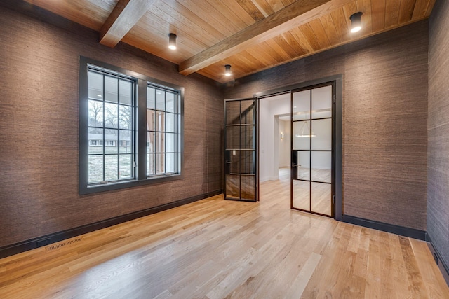 unfurnished room with beamed ceiling, light hardwood / wood-style floors, and wooden ceiling