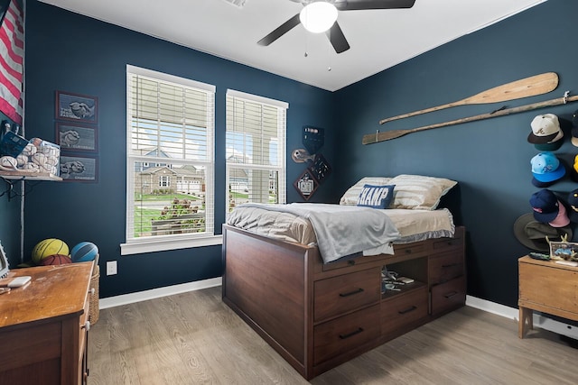 bedroom with ceiling fan and light wood-type flooring