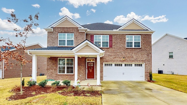 craftsman-style home with central AC, a garage, and a front lawn