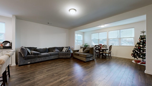 living room with dark wood-type flooring