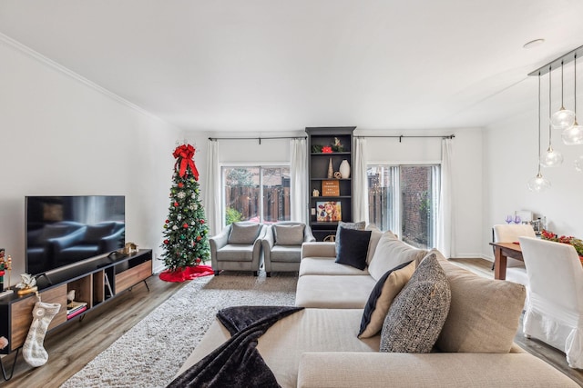 living room with hardwood / wood-style flooring, a healthy amount of sunlight, and ornamental molding