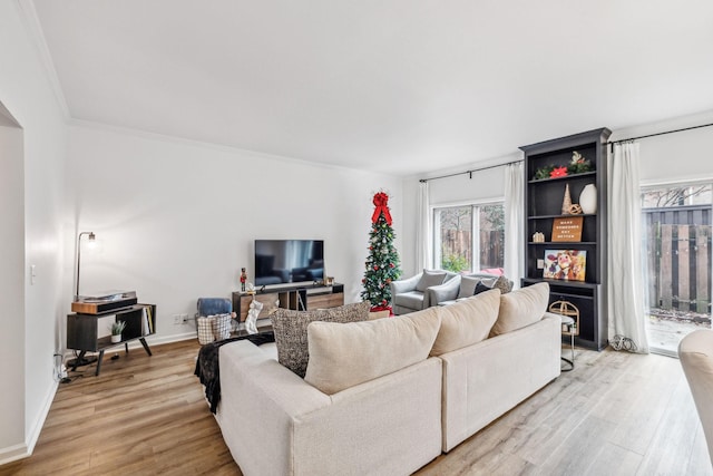 living room with crown molding and light hardwood / wood-style floors