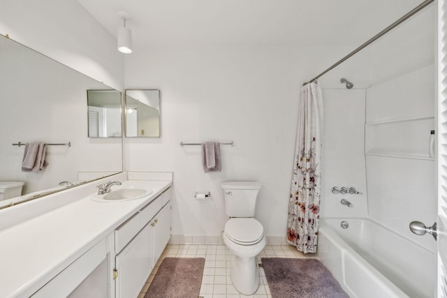 full bathroom with tile patterned floors, vanity, toilet, and shower / bathtub combination with curtain