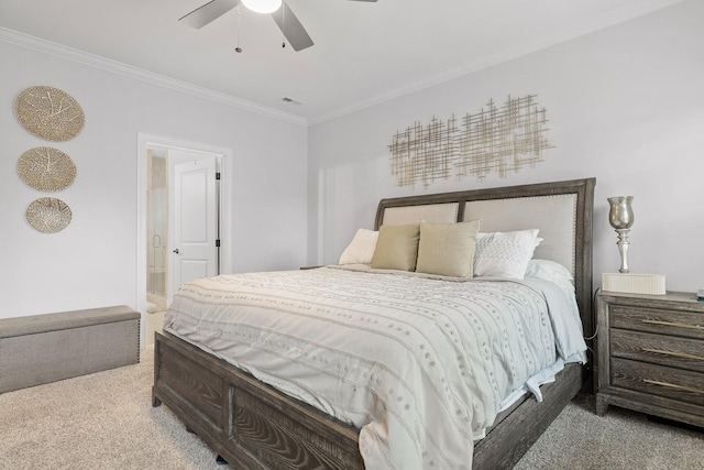 bedroom with ceiling fan, crown molding, and dark carpet