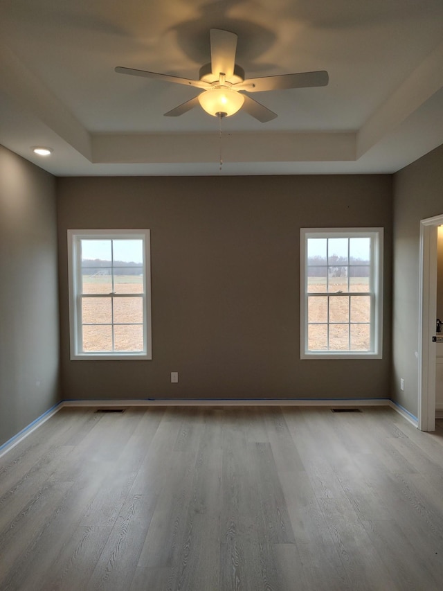 empty room with light hardwood / wood-style floors, a raised ceiling, ceiling fan, and a healthy amount of sunlight