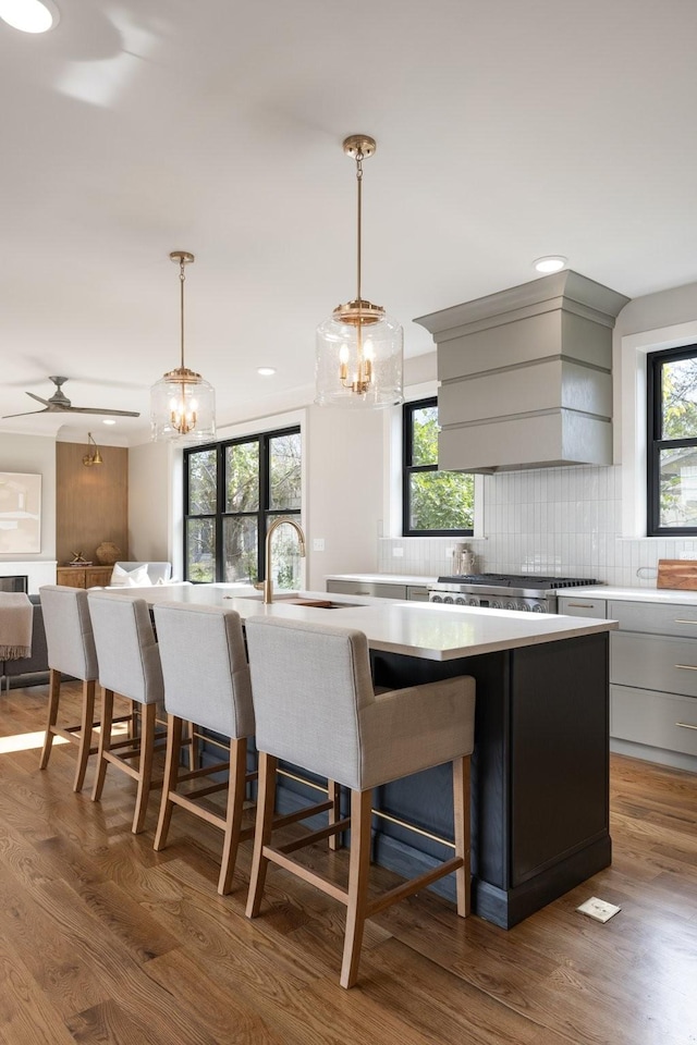 kitchen featuring custom range hood, sink, an island with sink, and hardwood / wood-style flooring