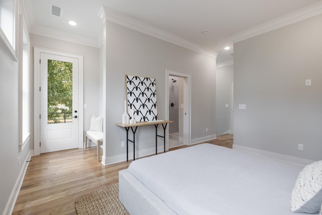 bedroom with crown molding, access to exterior, and light hardwood / wood-style flooring