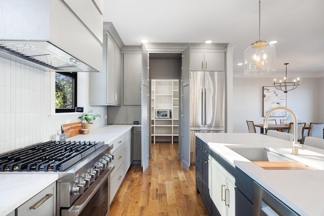 kitchen with gray cabinetry, decorative backsplash, custom exhaust hood, hanging light fixtures, and stainless steel appliances