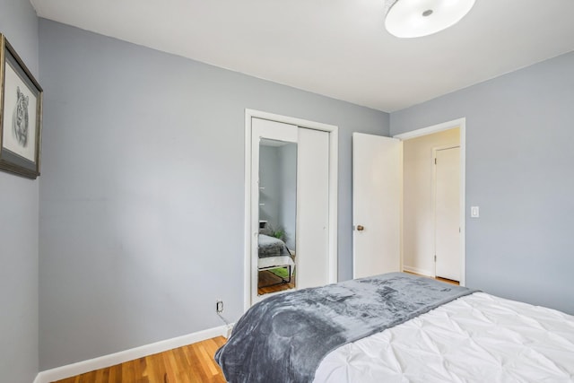 bedroom featuring wood-type flooring and a closet