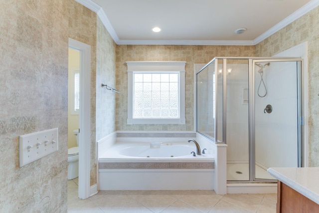 full bathroom with tile patterned floors, toilet, vanity, independent shower and bath, and ornamental molding