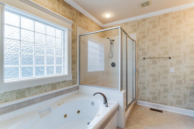 bathroom featuring tile patterned flooring, crown molding, and independent shower and bath