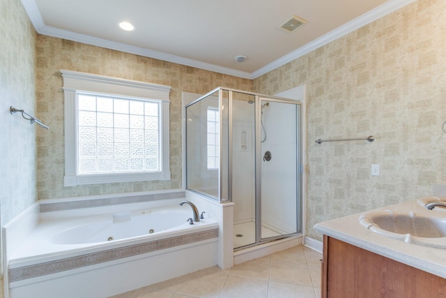 bathroom with tile patterned floors, crown molding, vanity, and plus walk in shower