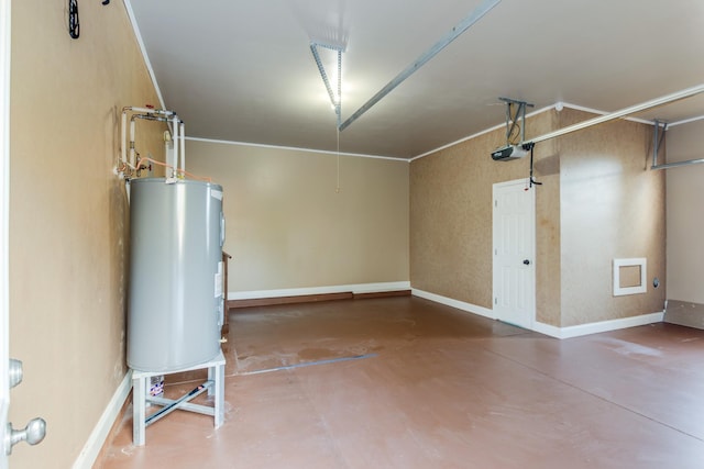 garage with electric water heater and a garage door opener