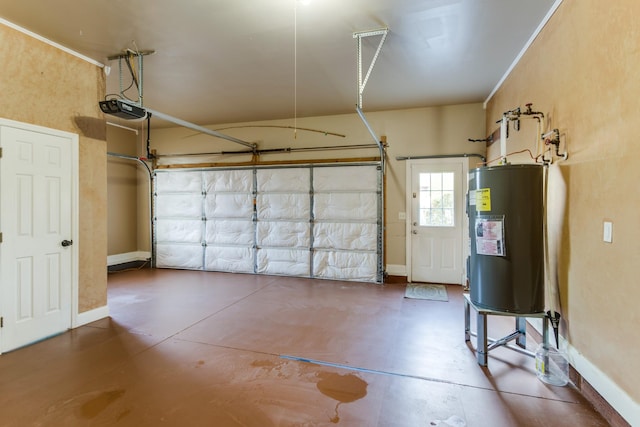 garage featuring a garage door opener and water heater