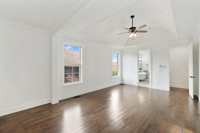 empty room with ceiling fan, crown molding, and dark wood-type flooring