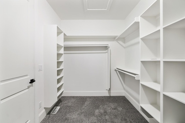 walk in closet featuring dark carpet