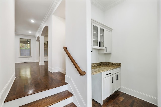 bar featuring dark hardwood / wood-style flooring, white cabinetry, ornamental molding, and stone counters