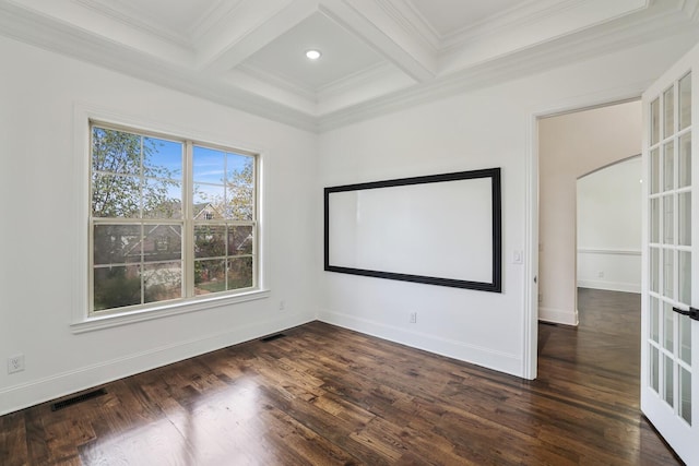 cinema room with beam ceiling, crown molding, dark wood-type flooring, and coffered ceiling