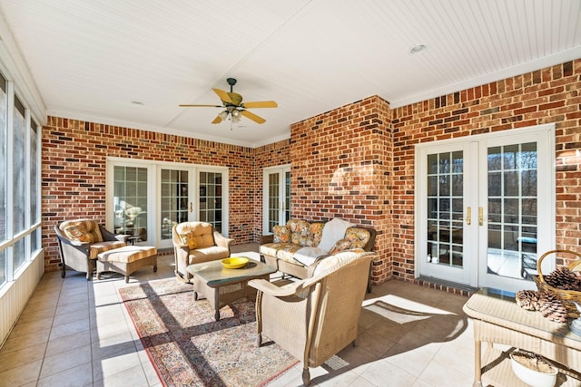 view of patio with an outdoor living space, french doors, and ceiling fan