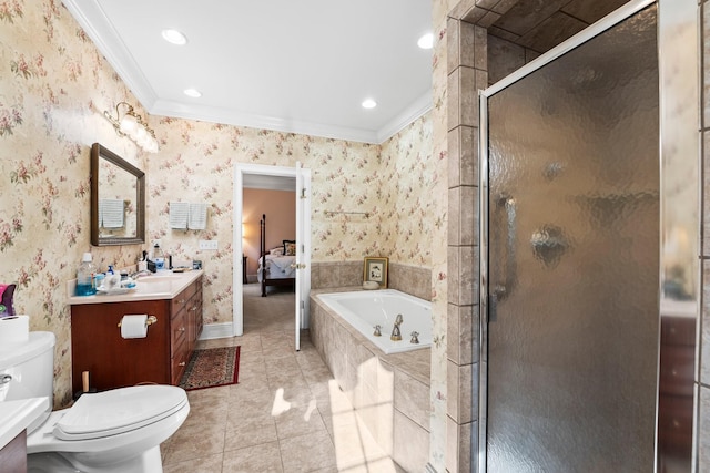 full bathroom featuring tile patterned floors, toilet, vanity, shower with separate bathtub, and ornamental molding