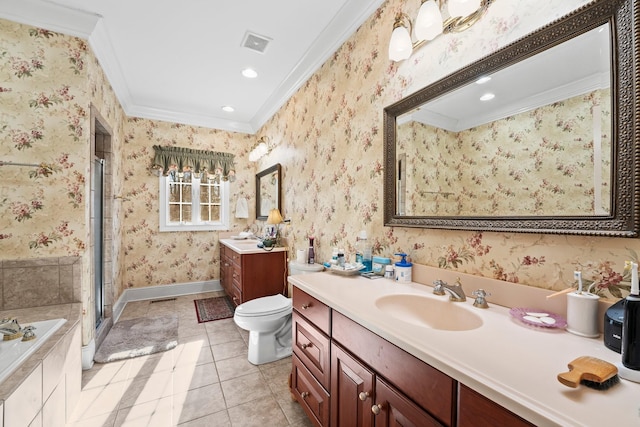 full bathroom with vanity, crown molding, tile patterned flooring, shower with separate bathtub, and toilet