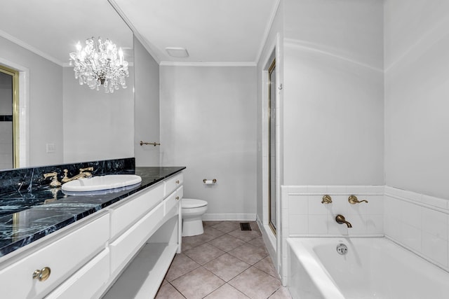 full bathroom featuring vanity, an inviting chandelier, crown molding, tile patterned flooring, and toilet