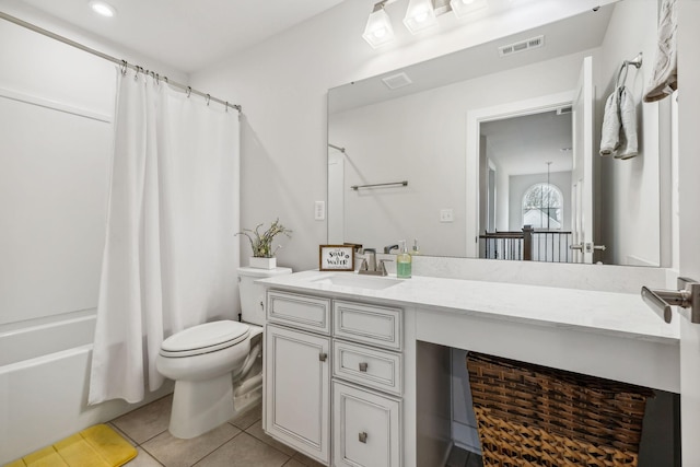 full bathroom with tile patterned flooring, vanity, shower / bath combination with curtain, and toilet