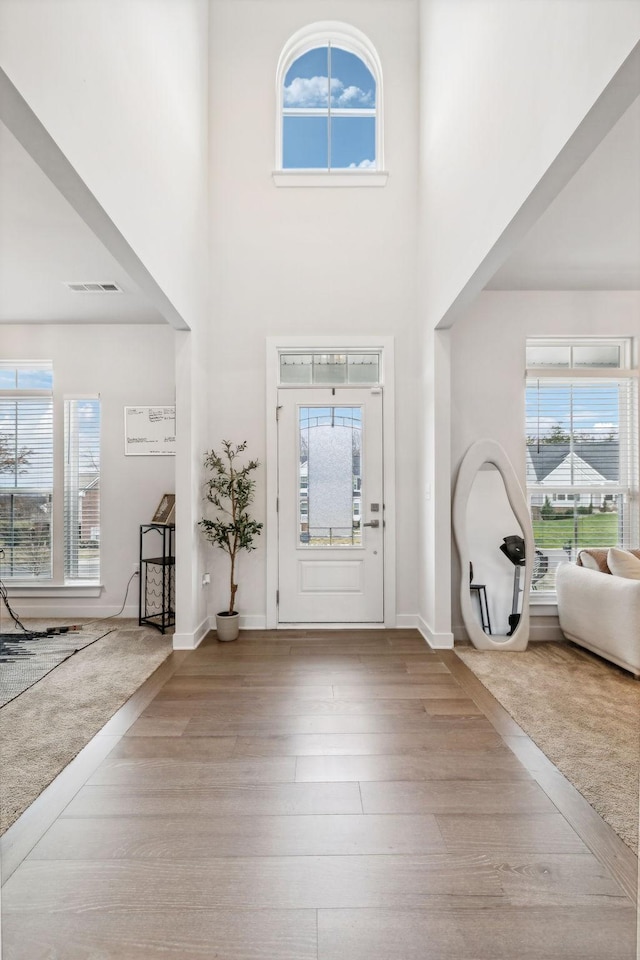 foyer entrance with a wealth of natural light, light hardwood / wood-style floors, and a high ceiling