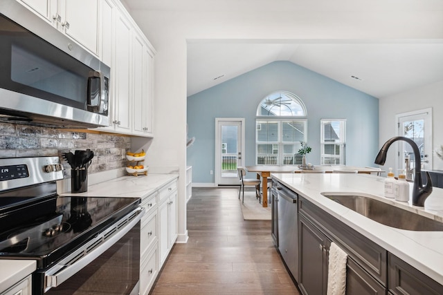 kitchen with sink, dark hardwood / wood-style floors, light stone countertops, white cabinetry, and stainless steel appliances