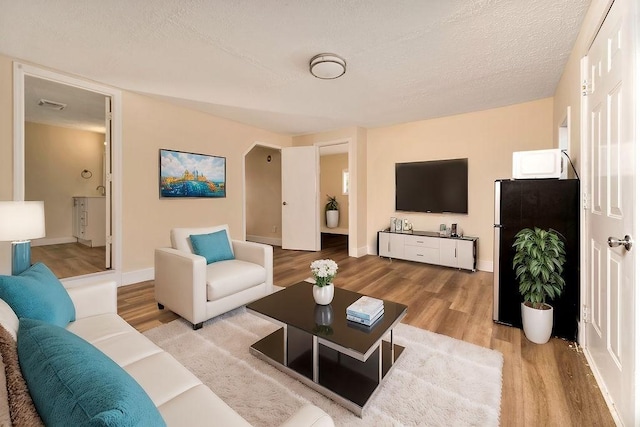 living room with light wood-type flooring and a textured ceiling