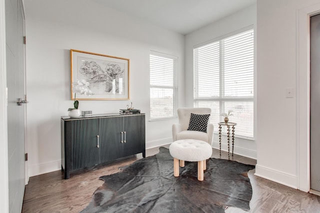 sitting room with dark wood-type flooring and a wealth of natural light