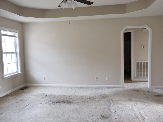 carpeted empty room with a raised ceiling, a wealth of natural light, and ceiling fan