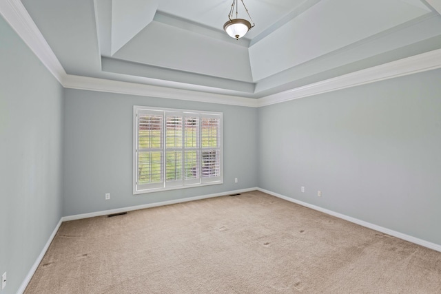 carpeted spare room featuring a raised ceiling and ornamental molding