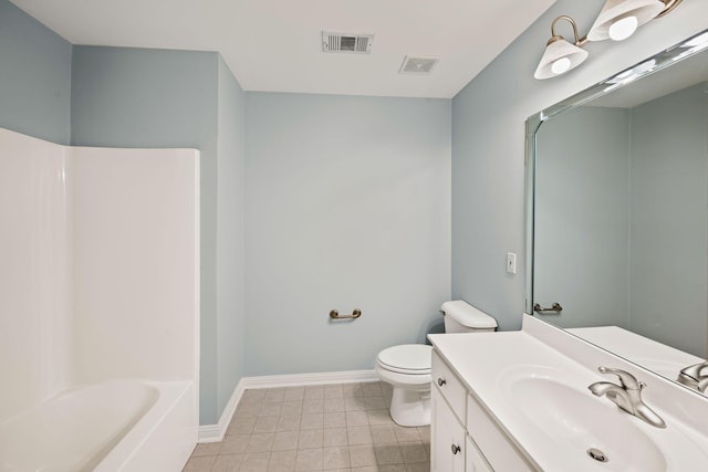 full bathroom with tile patterned floors, vanity, toilet, and washtub / shower combination