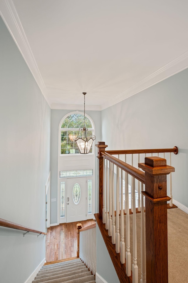 stairway with hardwood / wood-style flooring, a chandelier, and ornamental molding