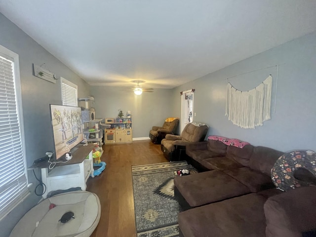 living room featuring hardwood / wood-style flooring and ceiling fan